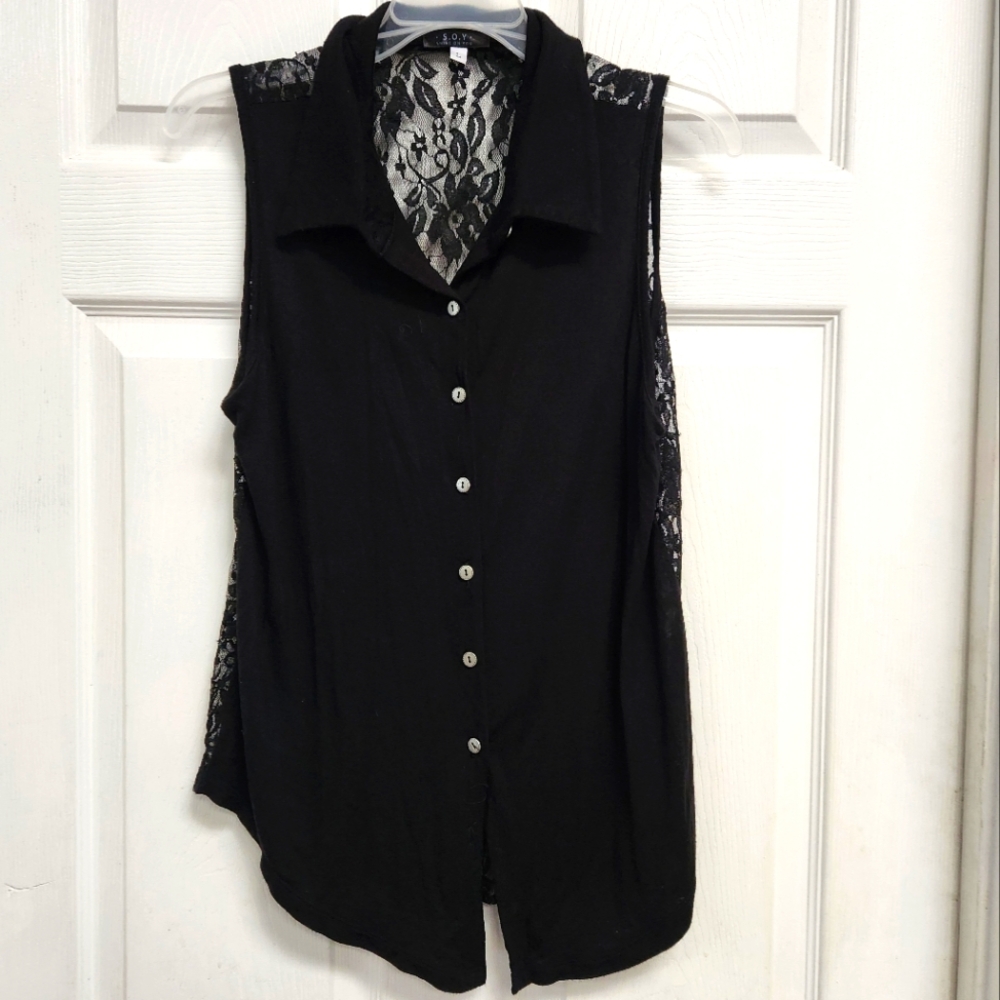 Black Sleeveless Button Down With Lace Back. Large